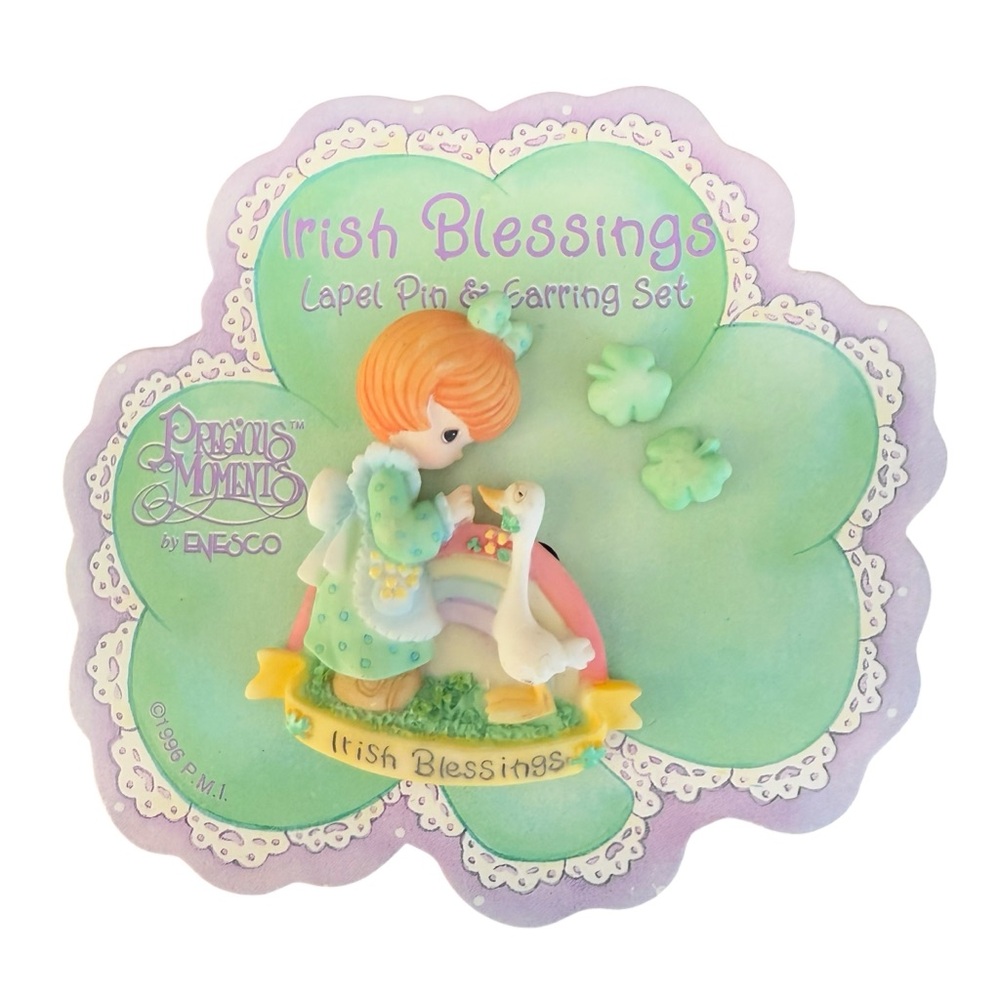 Vintage 1996 Precious Moments Irish Blessings Lapel Pin Earrings Set March